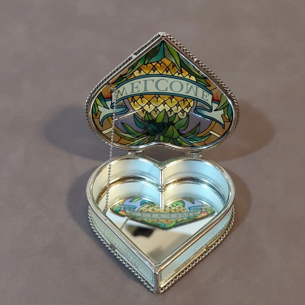 Heart shaped hinged trinket box mirror inside with painted welcome pineapple